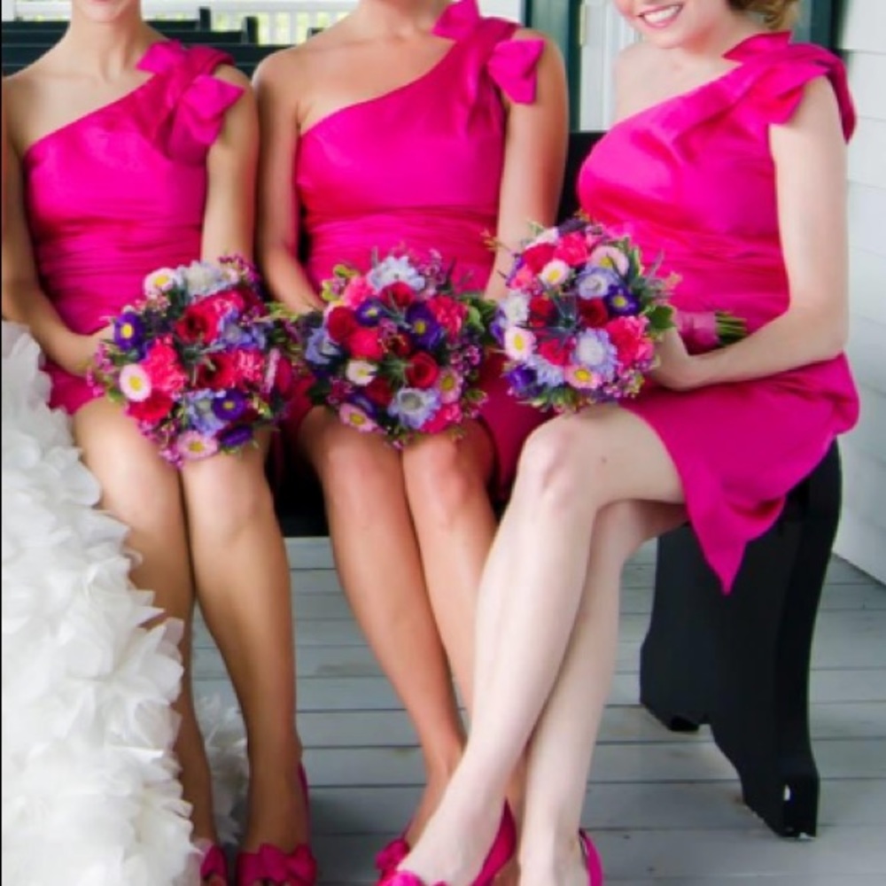 Lace Applique Top Long Bridesmaid Gown Fuchsia